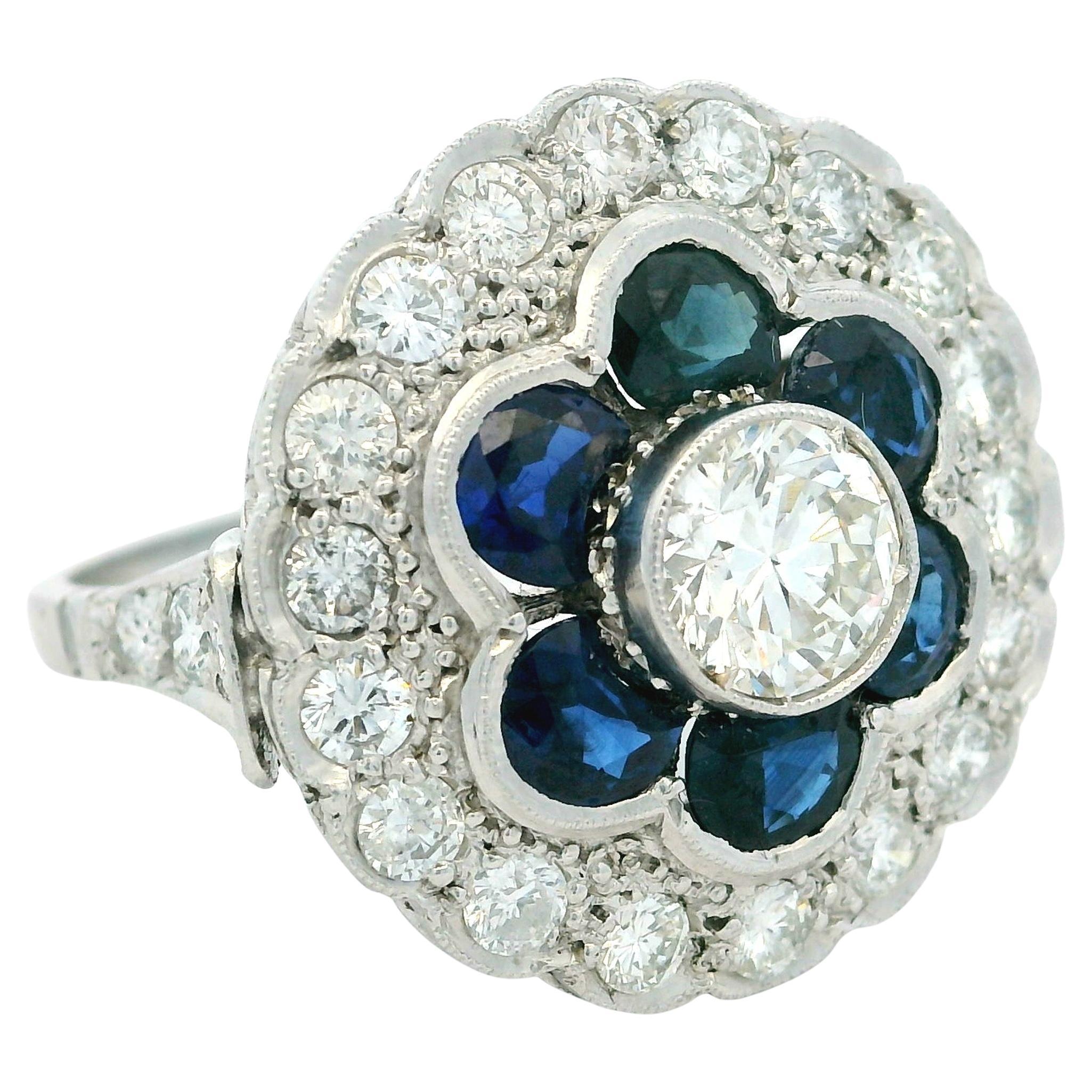 Art Deco Platin Saphir & Diamant Cluster Ring, um 1930