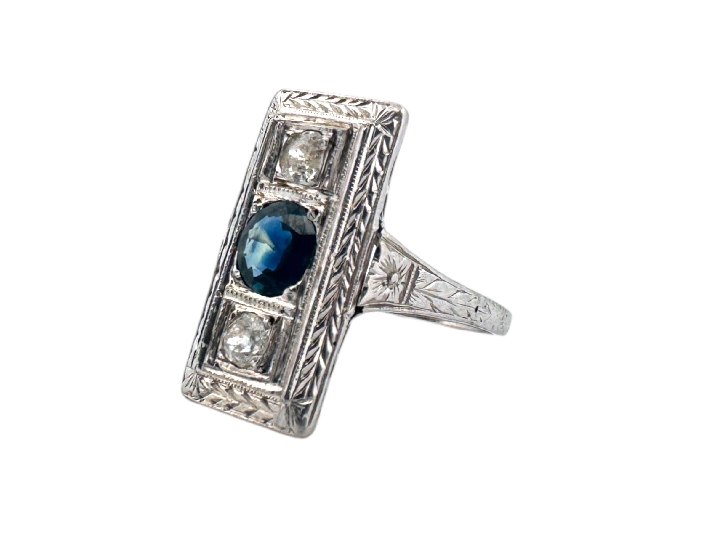 Round Cut Art Deco Platinum Sapphire & Diamond Cocktail Ring For Sale