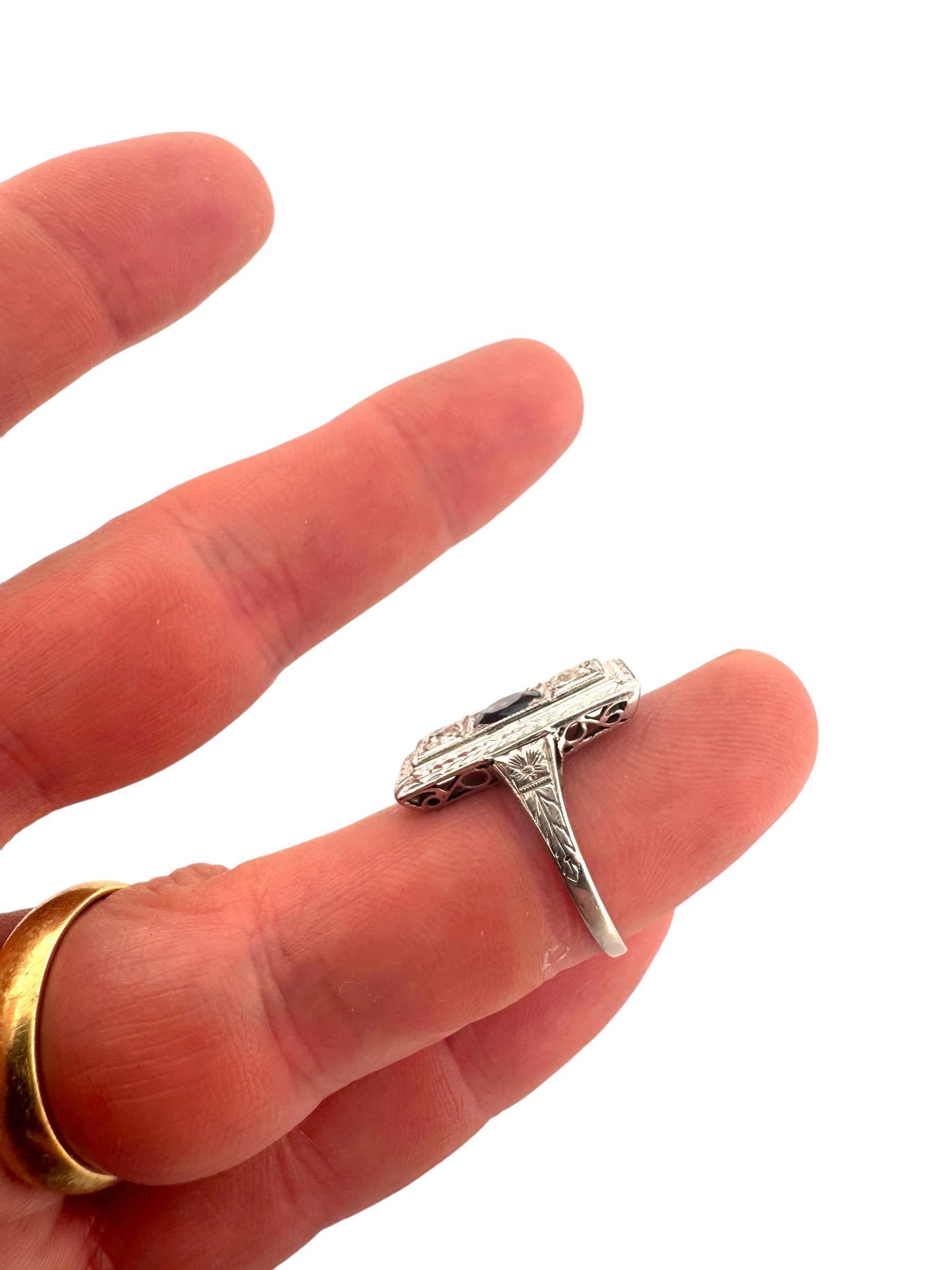 Art Deco Platinum Sapphire & Diamond Cocktail Ring For Sale 3