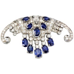 Art Deco Platinum Sapphire Diamond Fringe Brooch 6.08 Carat, circa 1935