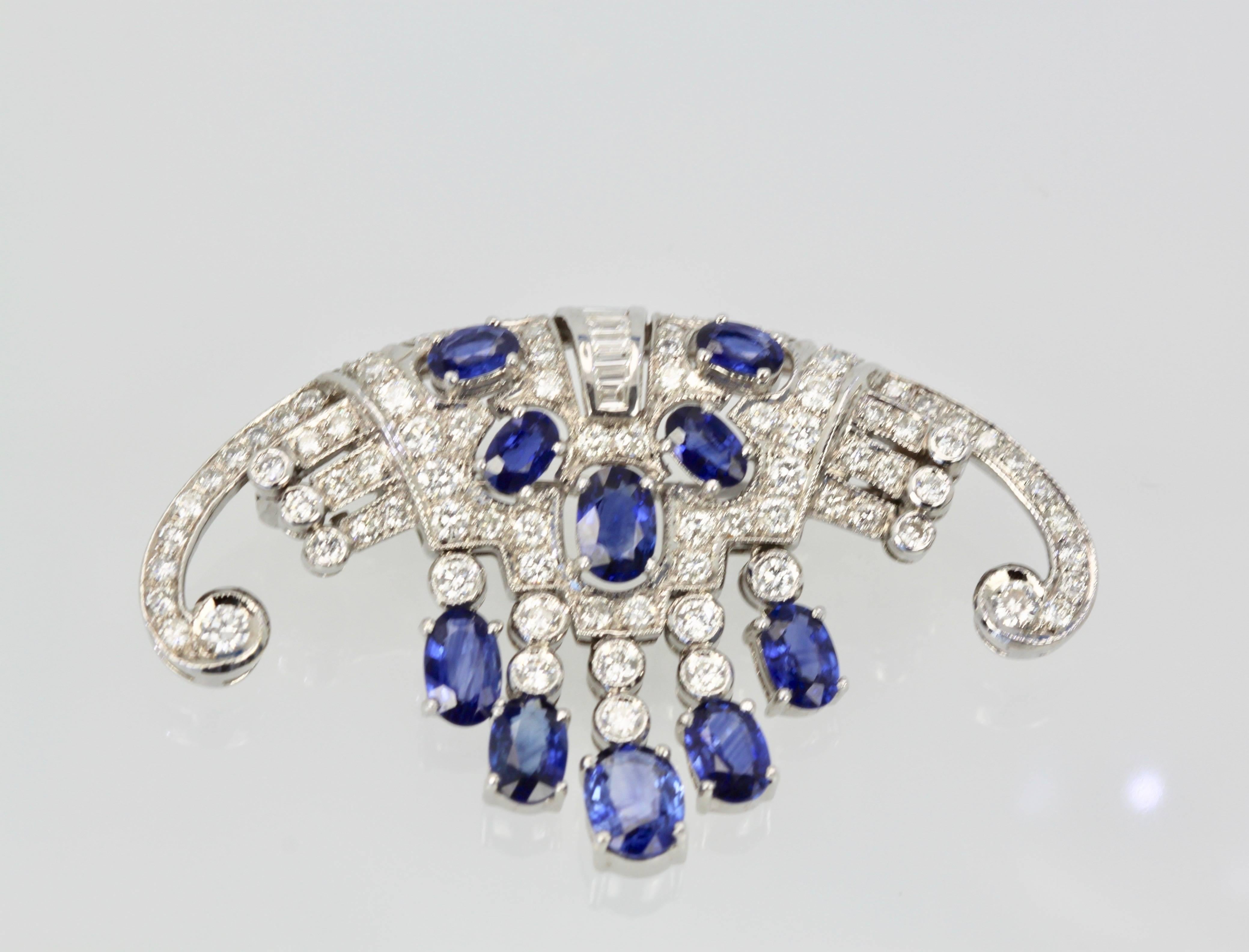 Women's Art Deco Platinum Sapphire Diamond Fringe Brooch 6.08 Carat, circa 1935
