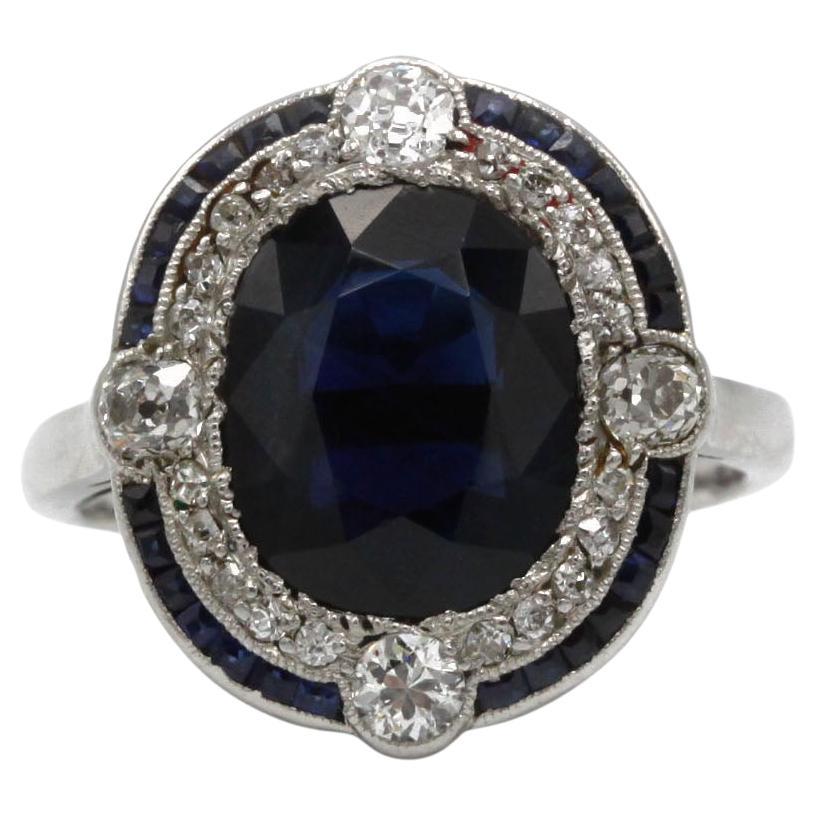Bague Art-Déco en platine avec saphir et diamant - environ 3,5 ct