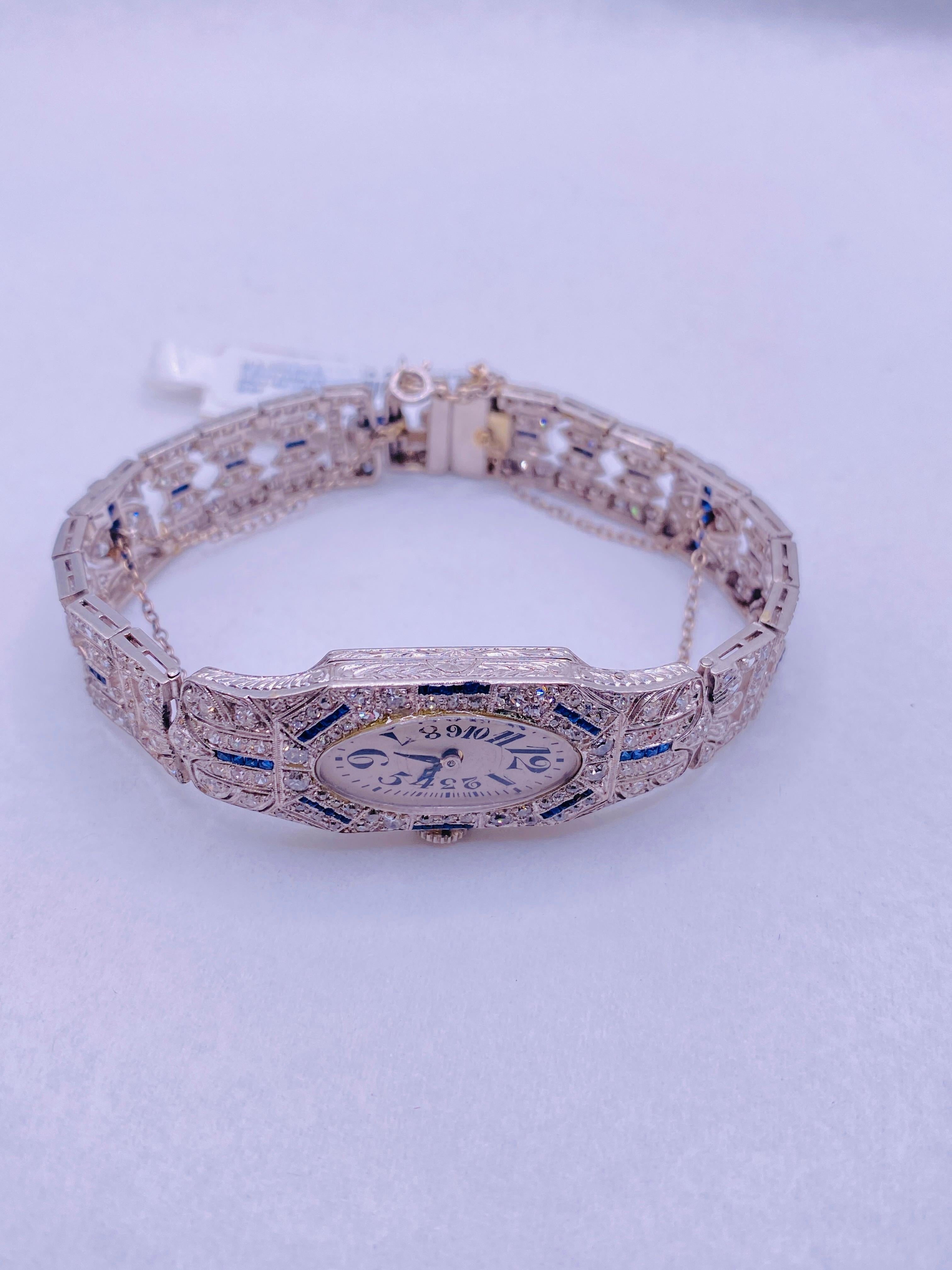 Platinum Art Deco Watch/Bracelet 5.00 ct diamond and 1.50 ct sapphire
