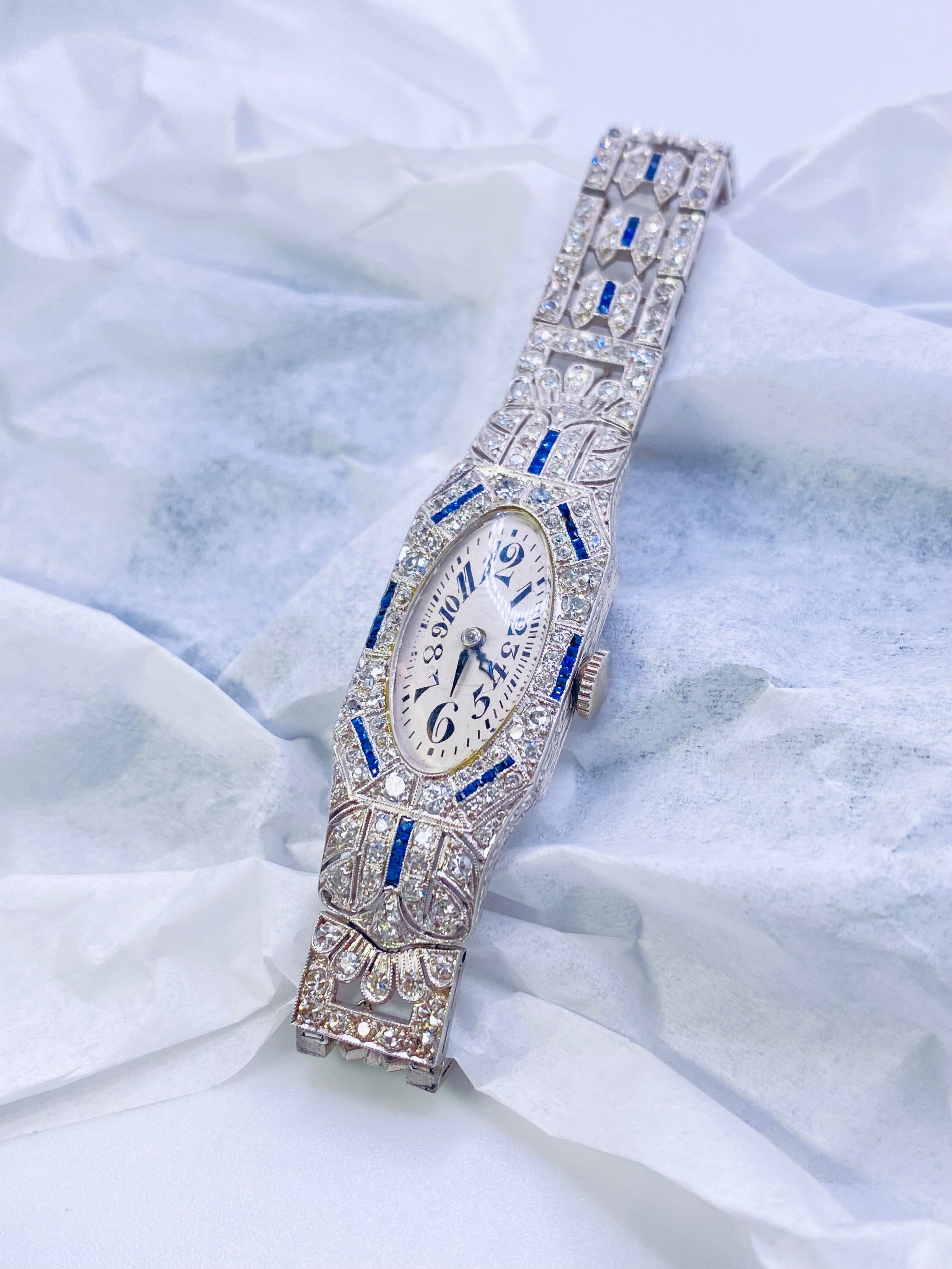 Round Cut Art Deco Sapphire and Diamond Platinum Watch