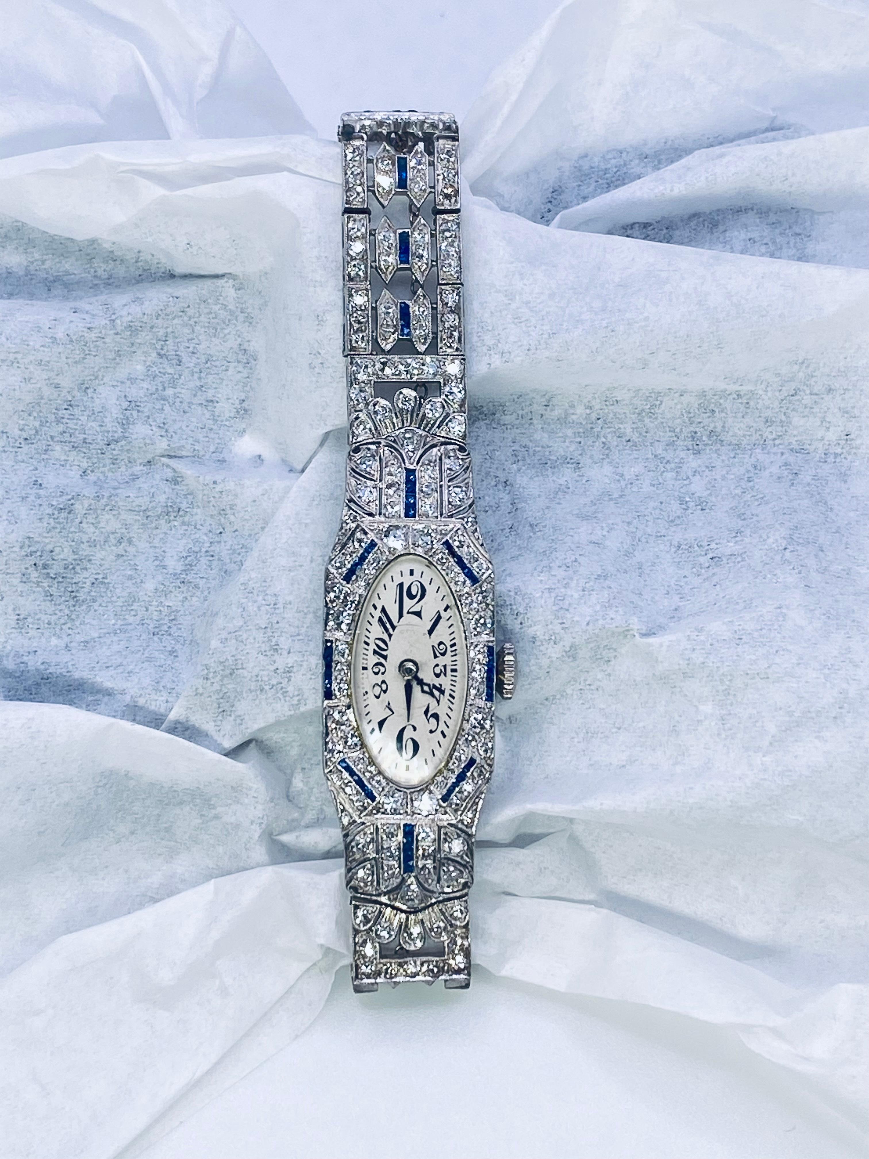 Art Deco Sapphire and Diamond Platinum Watch In Good Condition In DALLAS, TX