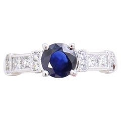 Art Deco Platinum Sapphire Engagement Ring, with Vintage Princess Cut Diamonds