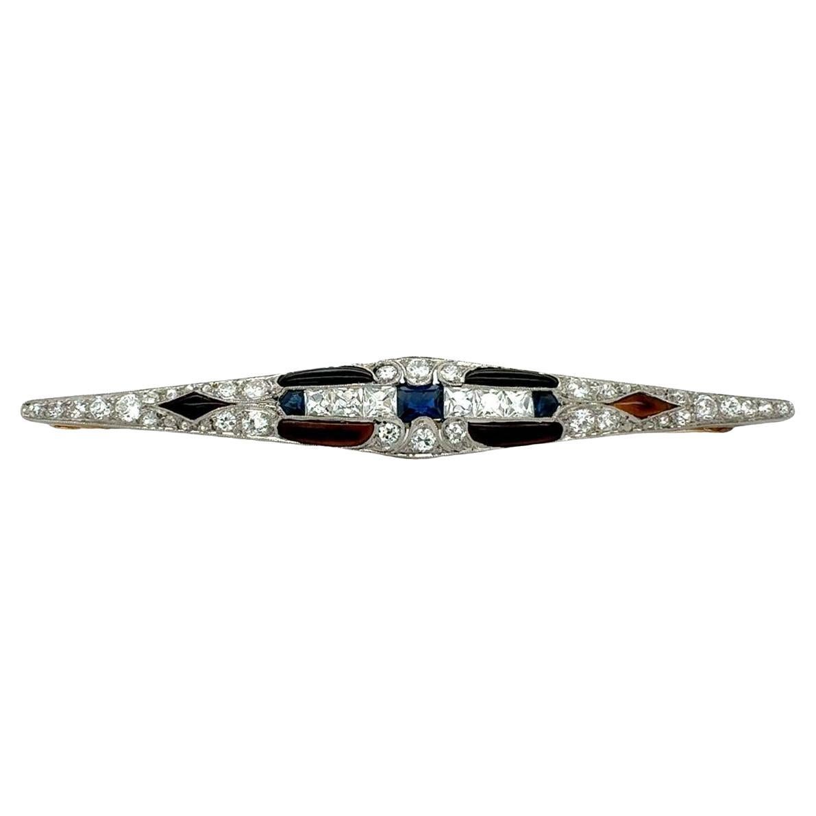 Art Deco Platinum Sapphire, Onyx and Diamond Bar Pin