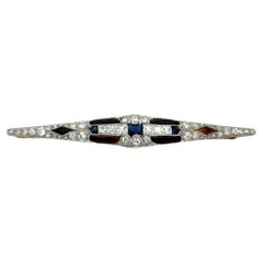 Antique Art Deco Platinum Sapphire, Onyx and Diamond Bar Pin