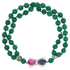 Art Deco Platinum Sapphire Ruby Chalcedony Beads Diamond Bracelet
