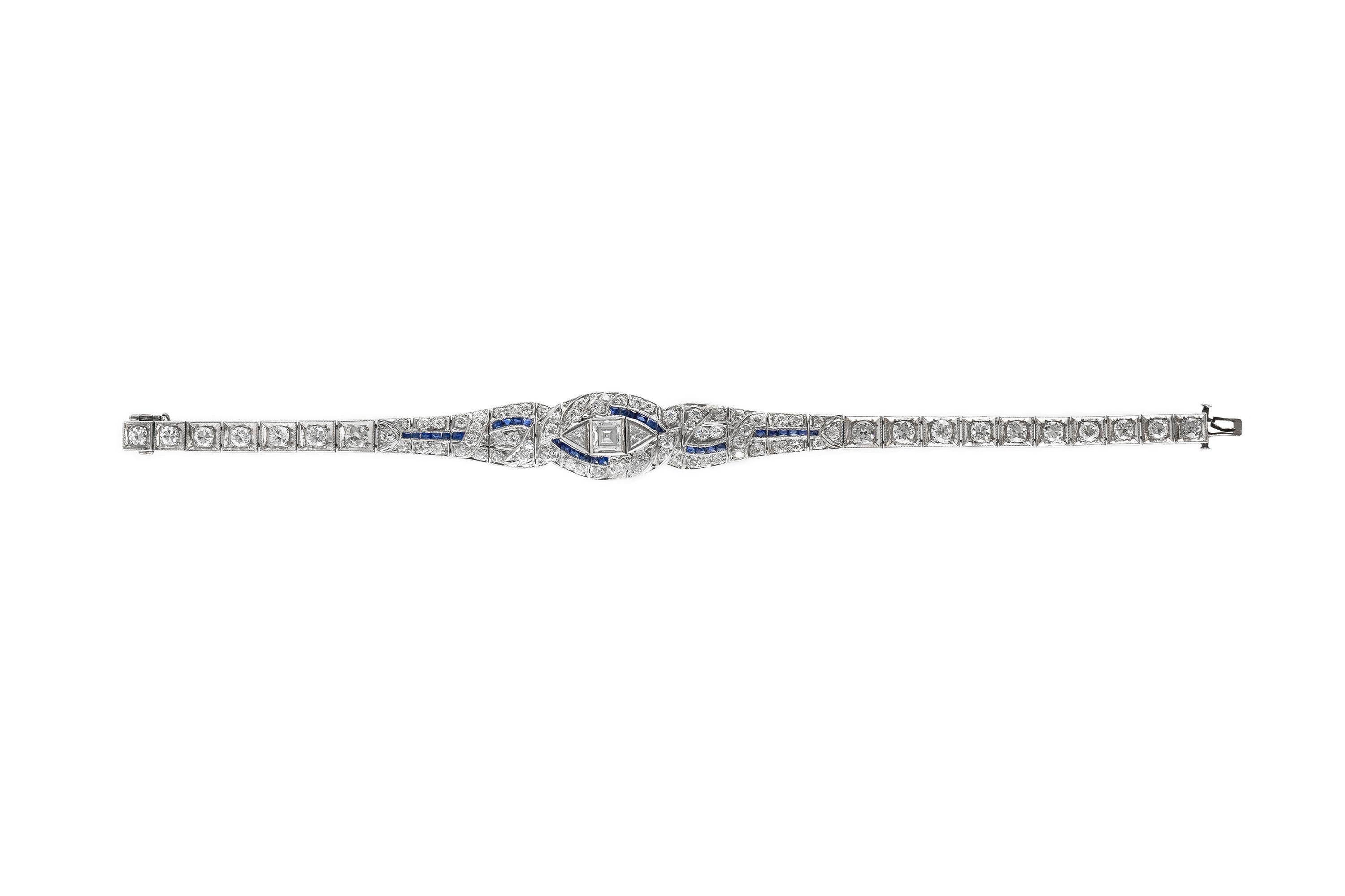 Art Deco Platinum Sapphire with Diamond Bracelet In Excellent Condition For Sale In New York, NY