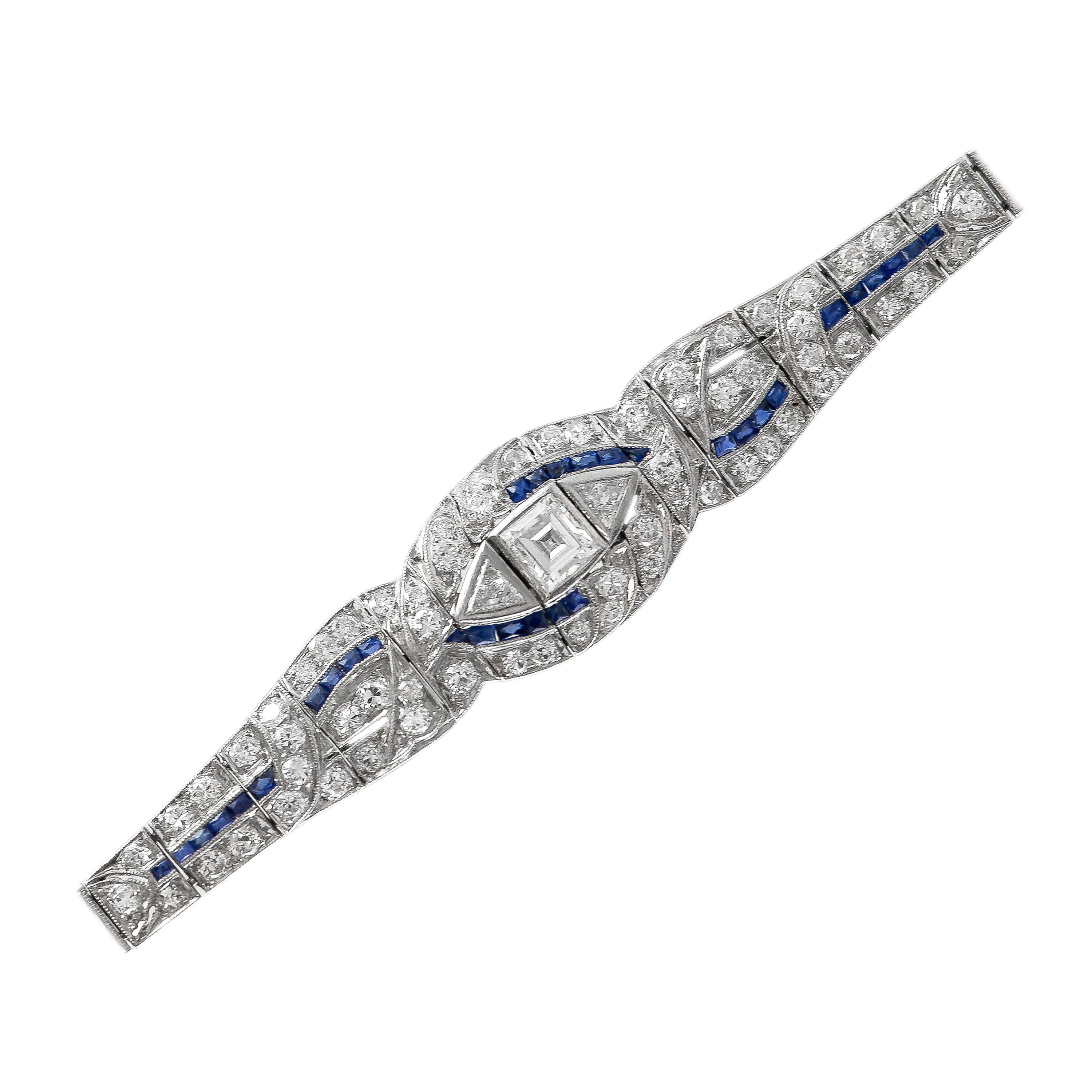Art Deco Platinum Sapphire with Diamond Bracelet For Sale