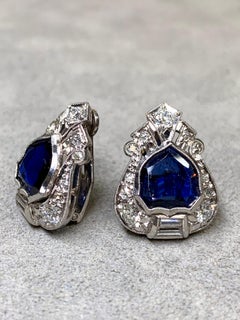 Art Deco Platino Escudo Zafiro Europeo Pendientes Diamante Birmania Sin Calor GIA