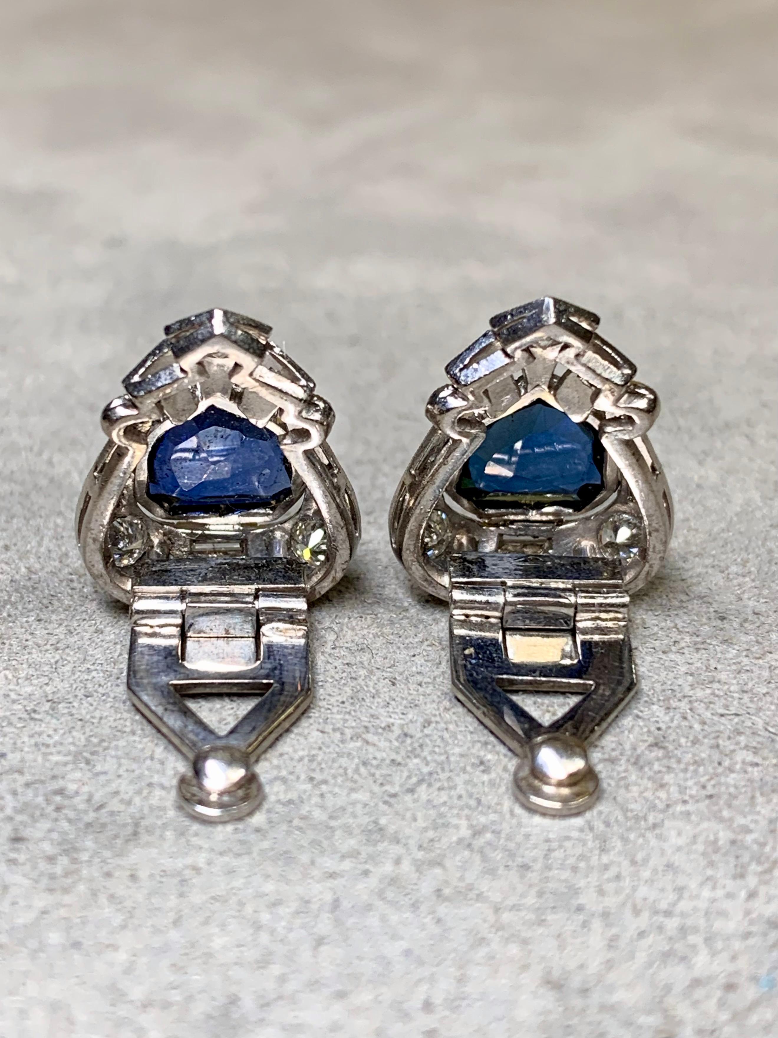 Art Deco Platin Schild Saphir Europäische Diamant Ohrringe Burma No Heat GIA (Art déco) im Angebot