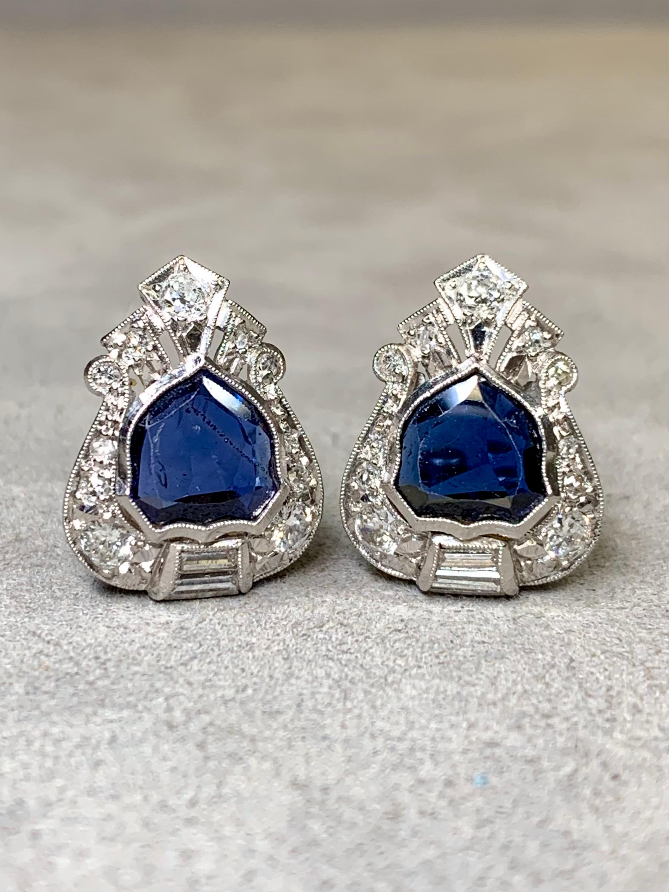 Art Deco Platin Schild Saphir Europäische Diamant Ohrringe Burma No Heat GIA im Zustand „Gut“ im Angebot in Winter Springs, FL