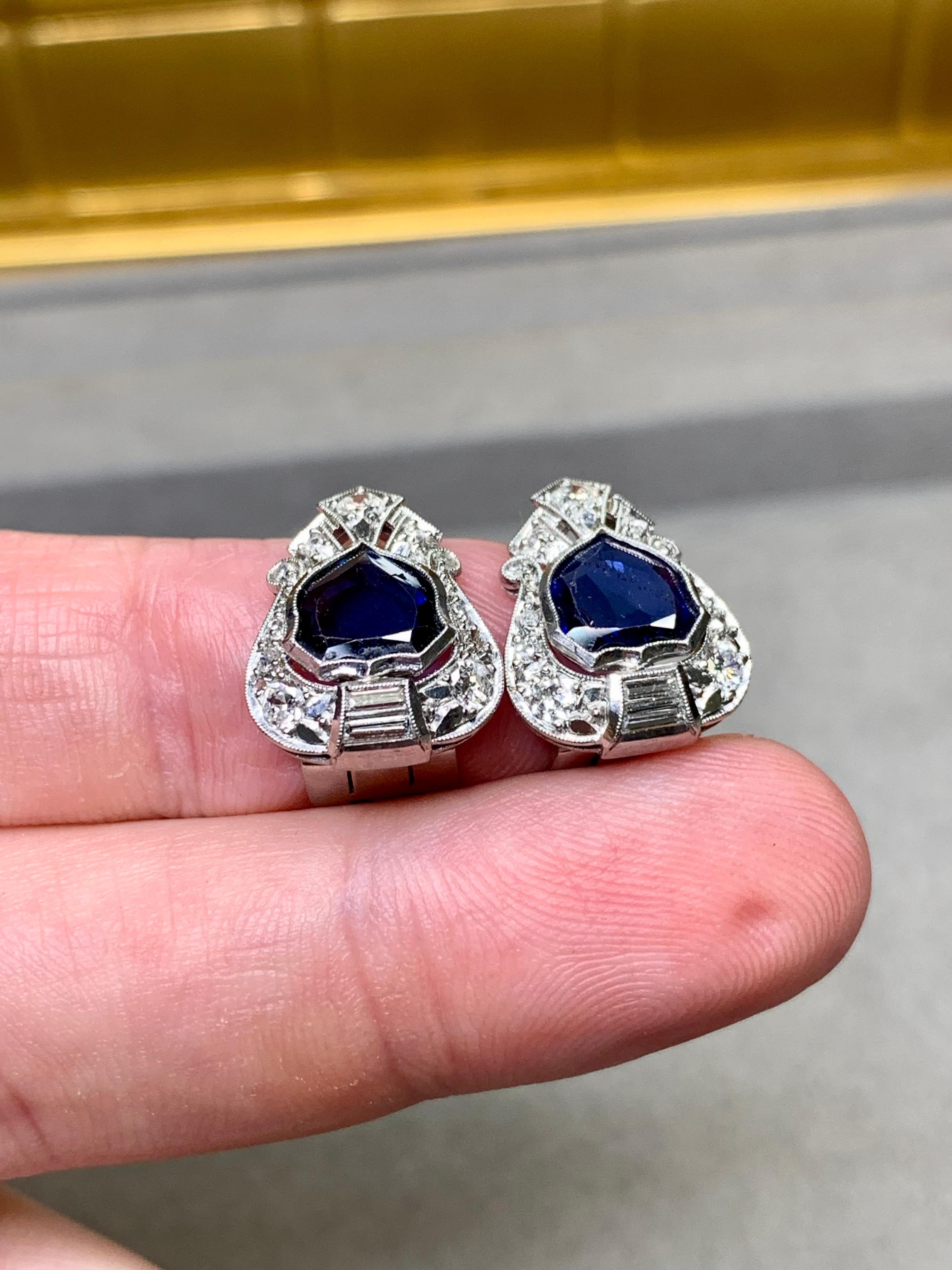 Art Deco Platin Schild Saphir Europäische Diamant Ohrringe Burma No Heat GIA für Damen oder Herren im Angebot