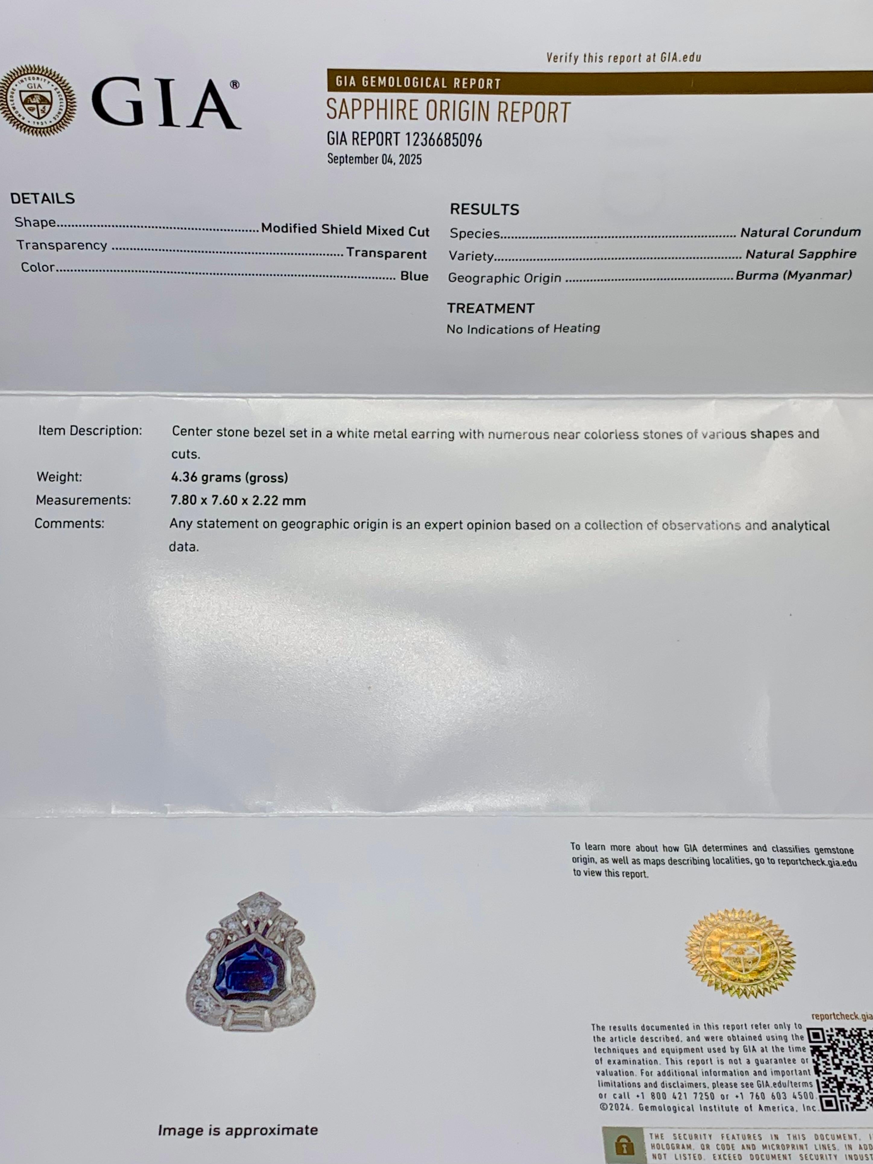 Art Deco Platin Schild Saphir Europäische Diamant Ohrringe Burma No Heat GIA im Angebot 1