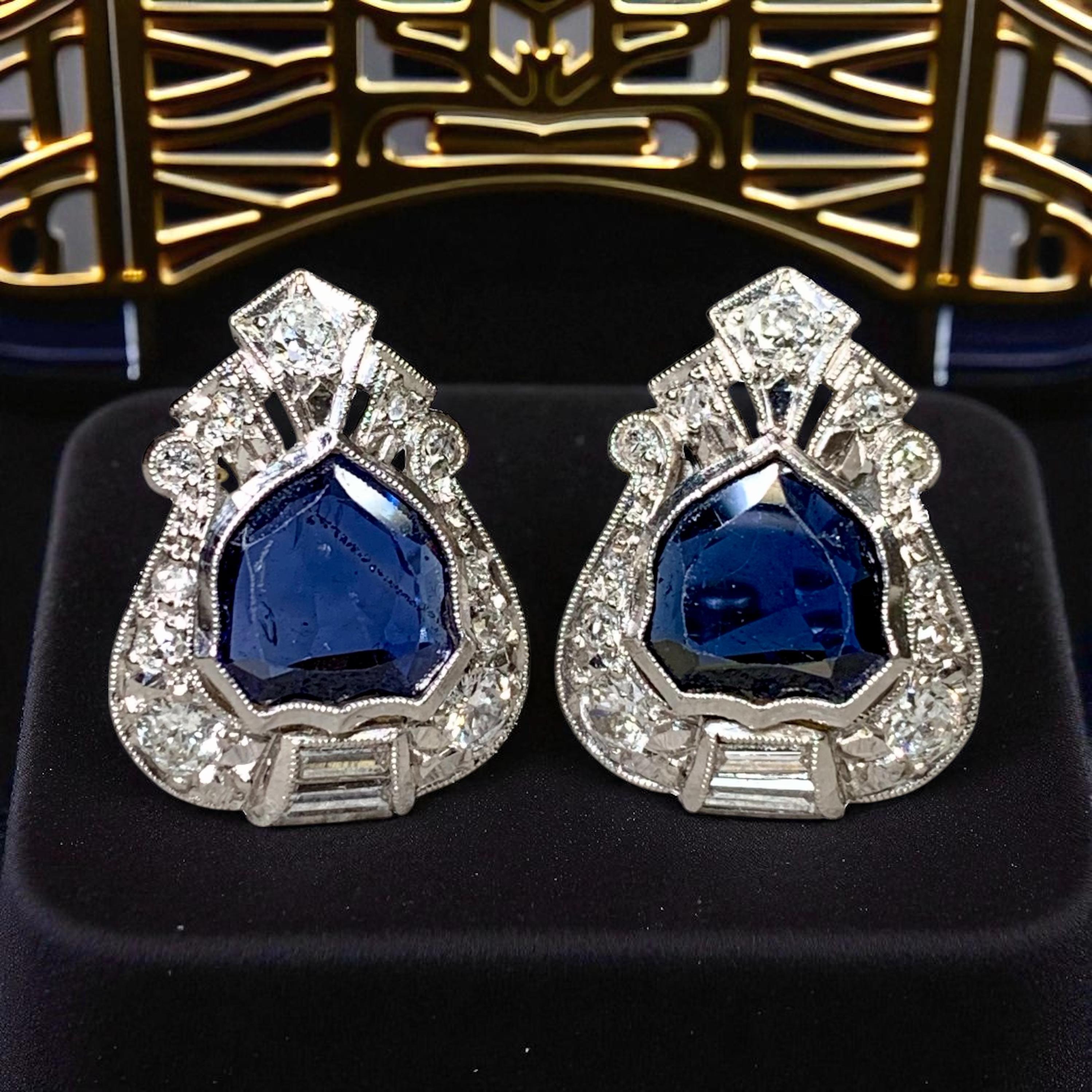Art Deco Platin Schild Saphir Europäische Diamant Ohrringe Burma No Heat GIA im Angebot 2