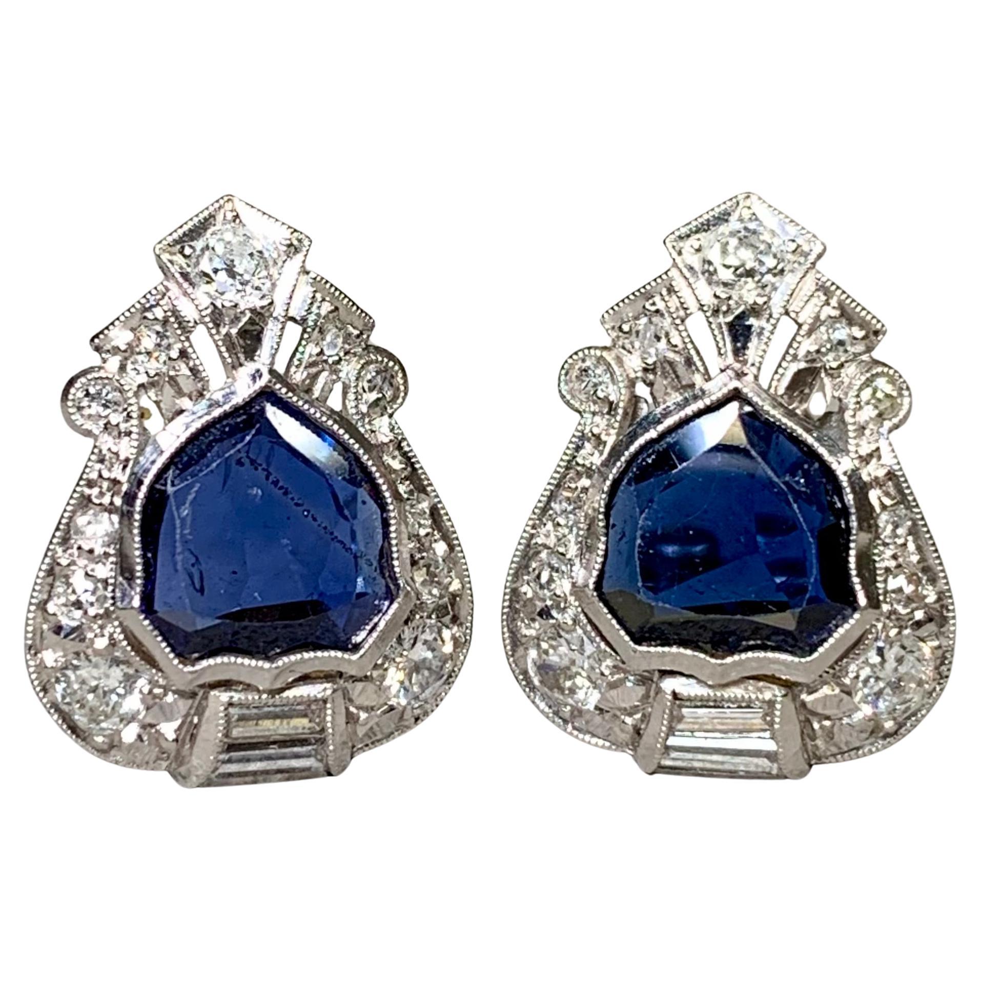 Art Deco Platino Scudo Zaffiro Orecchini di diamanti europei Birmania Senza calore GIA