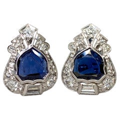 Art Deco Platino Scudo Zaffiro Orecchini di diamanti europei Birmania Senza calore GIA