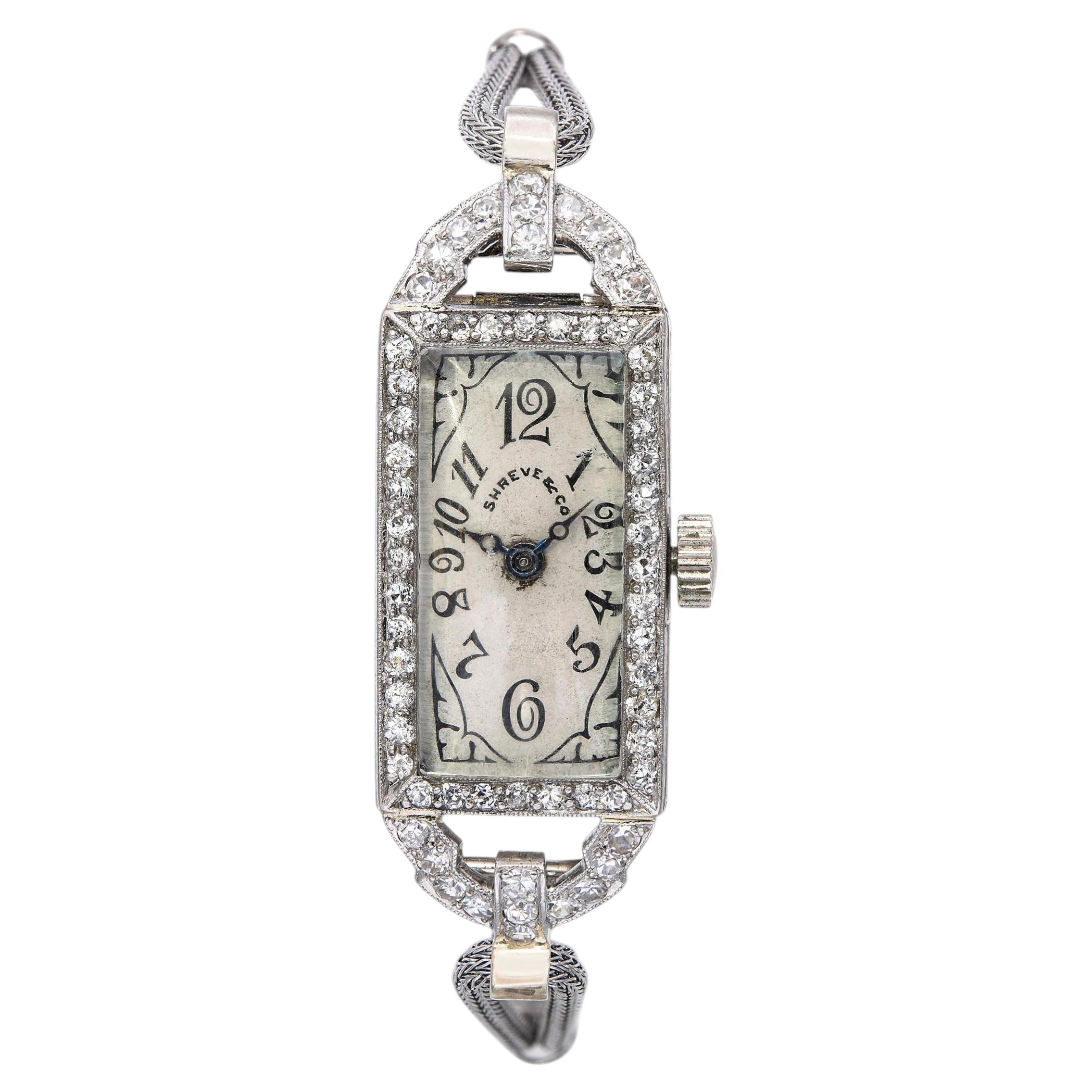 Art Deco Platinum Shreve & Co 1.00tcw Diamond Hand Wind Ladies Watch