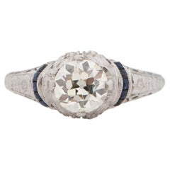Antique Art Deco Platinum Solitaire Old Euro Diamond w/Sapphires Accents Engagement Ring