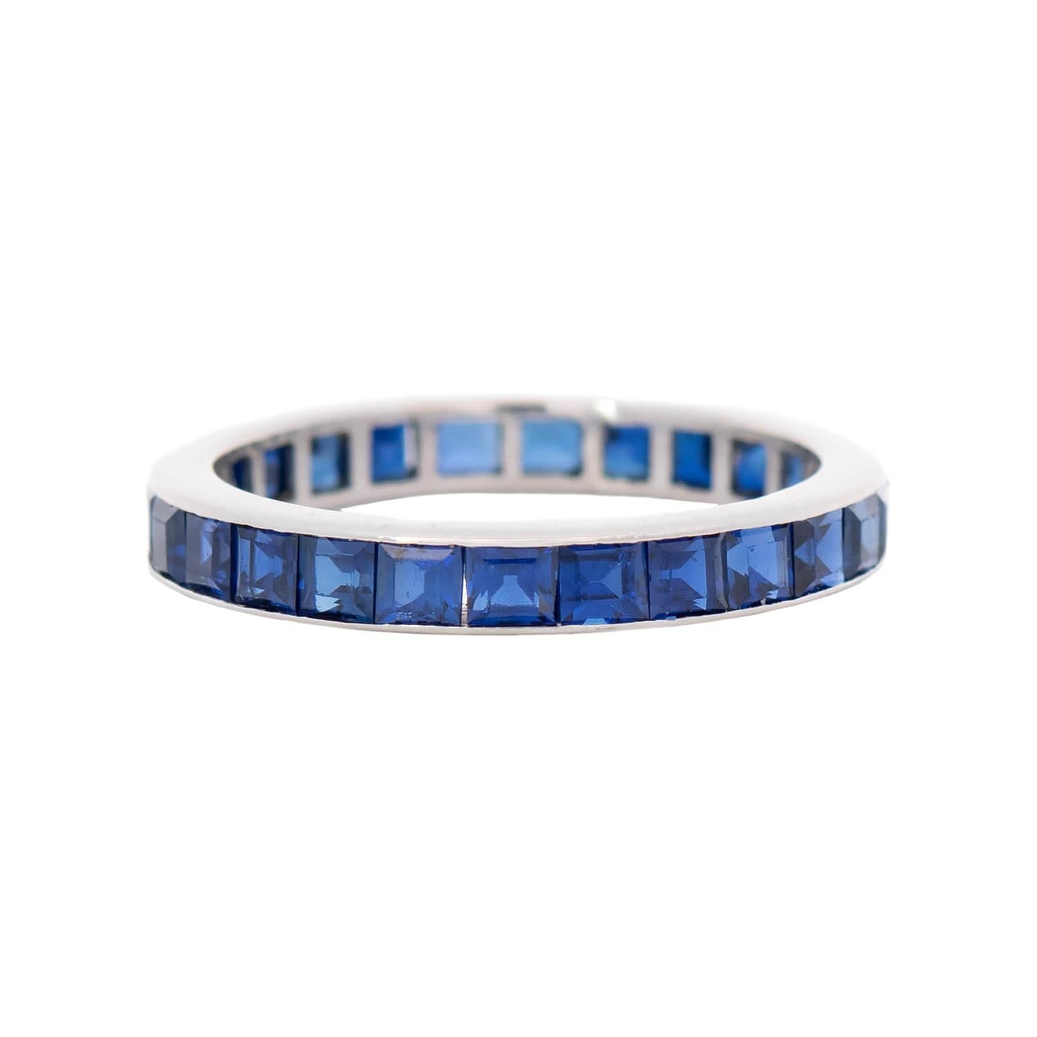 Art Deco Platinum Square Cut Sapphire Eternity Band In Excellent Condition For Sale In Narberth, PA