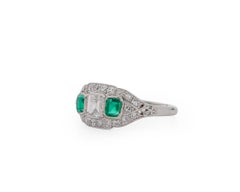 Art Deco Platinum Step Cut Diamond w/Green Emeralds Vintage Engagement Ring