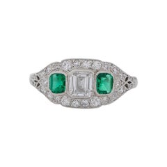 Art Deco Platinum Step Cut Diamond w/Green Emeralds Antique Engagement Ring 