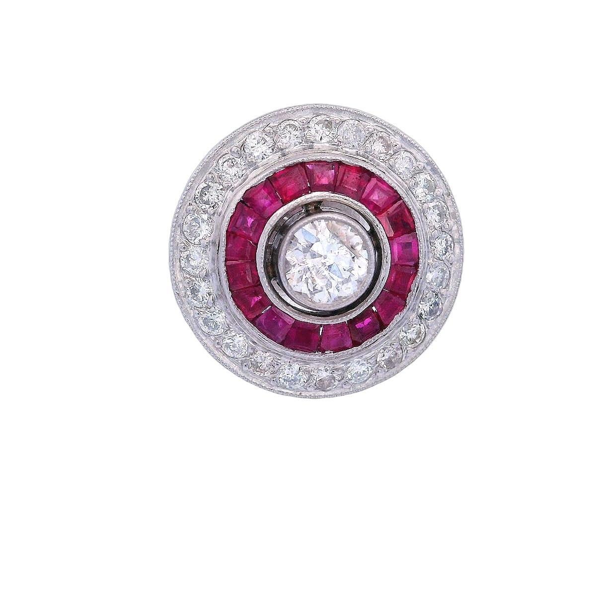 Old Mine Cut Art Deco Platinum studs Earrings with Diamonds and Rubies For Sale