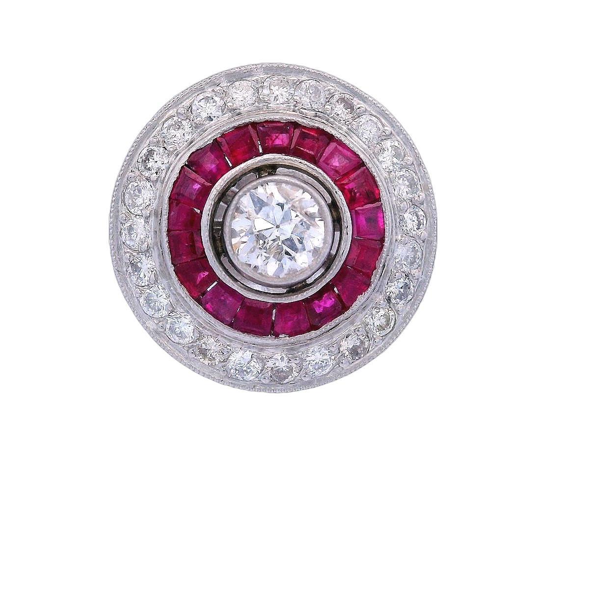 Women's or Men's Art Deco Platinum studs Earrings with Diamonds and Rubies For Sale
