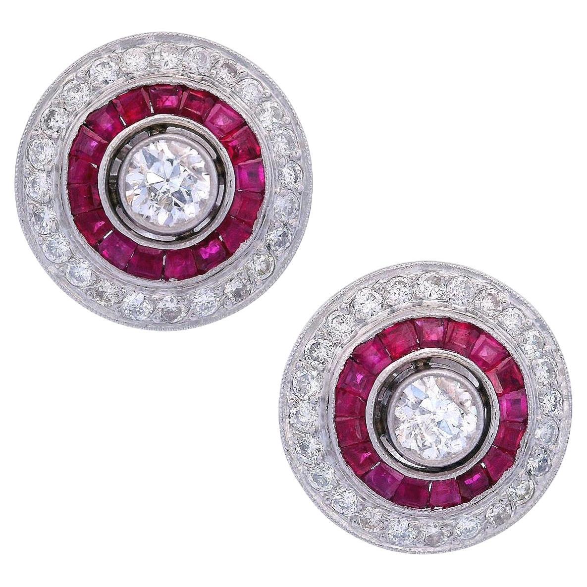 Art Deco Platinum studs Earrings with Diamonds and Rubies