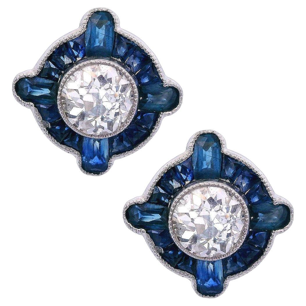 Borchie Art Deco in platino con 2,34 CTW di diamanti e zaffiri in vendita