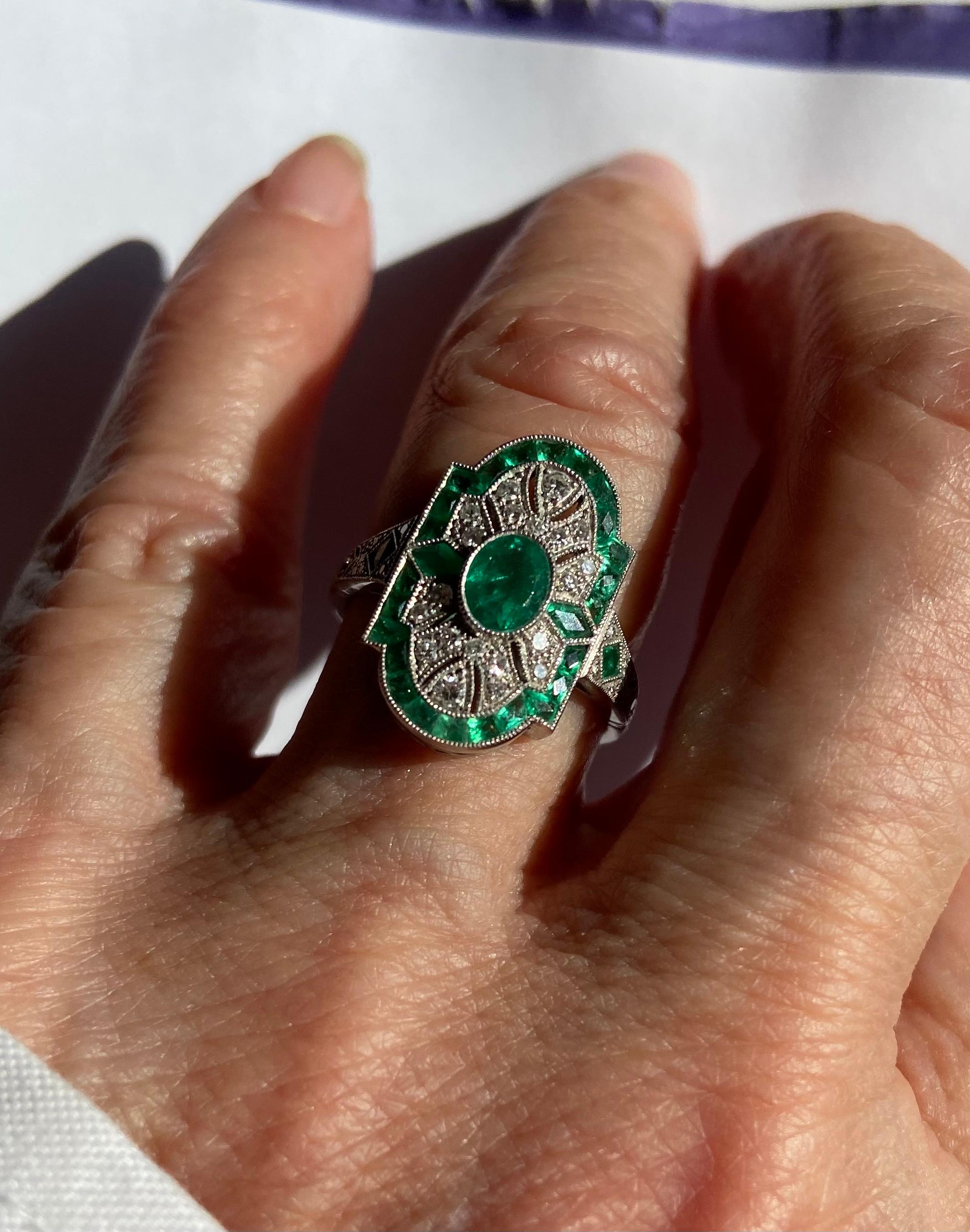 Art Deco Platinum Style Emerald and Diamond Ring 5