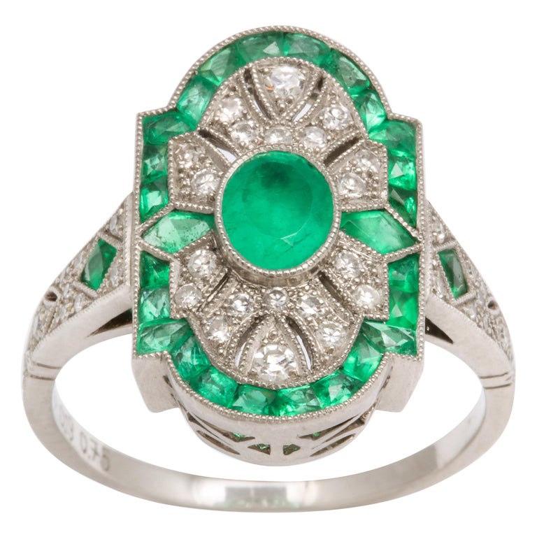 Art Deco Platinum Style Emerald and Diamond Ring For Sale