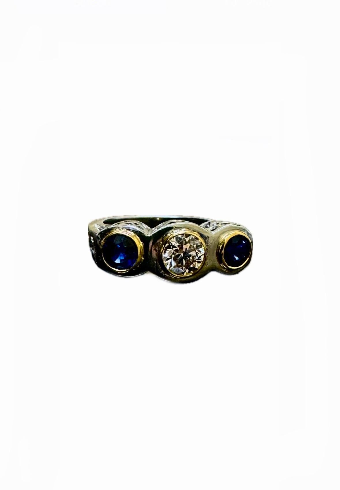 Art Deco Platinum Three Stone Blue Sapphire 1.33 Diamond Engagement Ring In New Condition For Sale In Los Angeles, CA