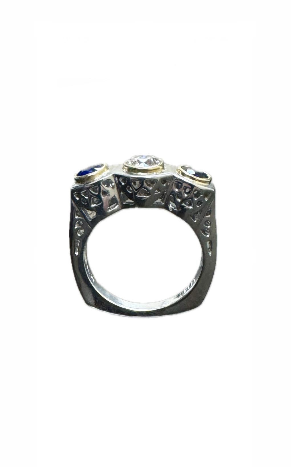 Art Deco Platinum Three Stone Blue Sapphire 1.33 Diamond Engagement Ring For Sale 3