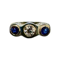 Art Deco Platinum Three Stone Blue Sapphire 1.33 Diamond Engagement Ring