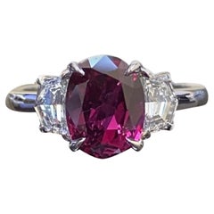 Art Deco Platinum Three Stone Diamond 2.34 Carat GIA Oval Ruby Engagemen