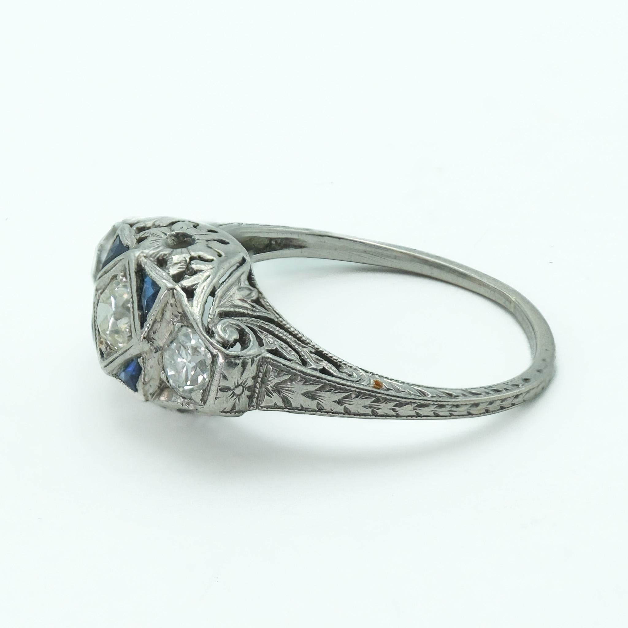 Old European Cut Art Deco Platinum Three Stone Diamond and Synthetic Sapphire Filigree Ring 