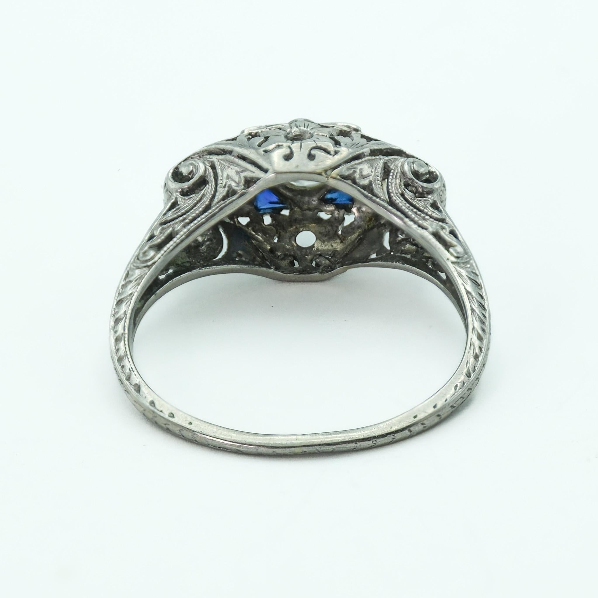 Art Deco Platinum Three Stone Diamond and Synthetic Sapphire Filigree Ring  In Good Condition In Fairfield, CT