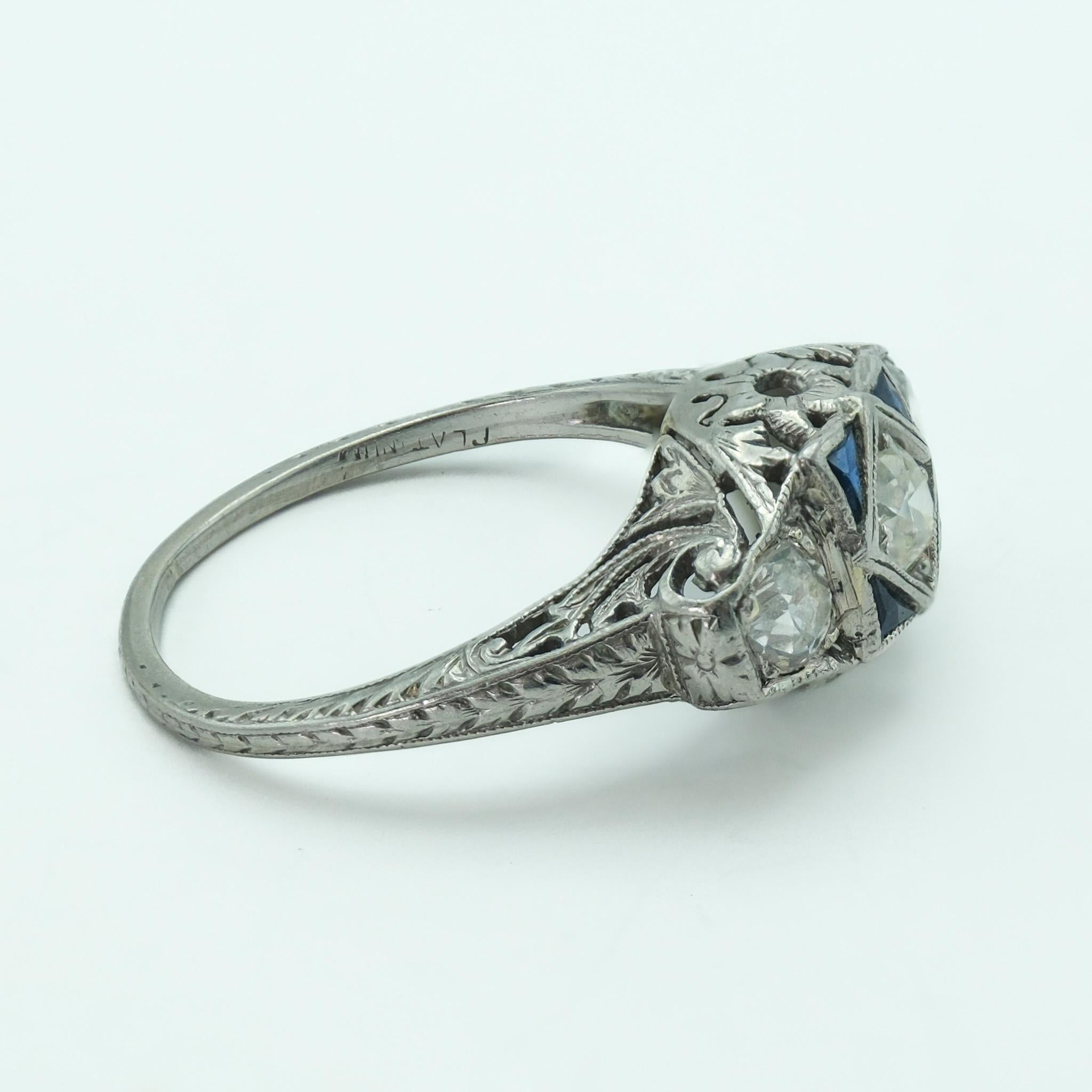 Women's Art Deco Platinum Three Stone Diamond and Synthetic Sapphire Filigree Ring 