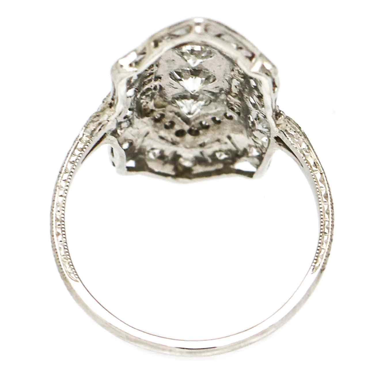Old Mine Cut Art Deco Platinum Three-Stone Diamond Cocktail Ring For Sale