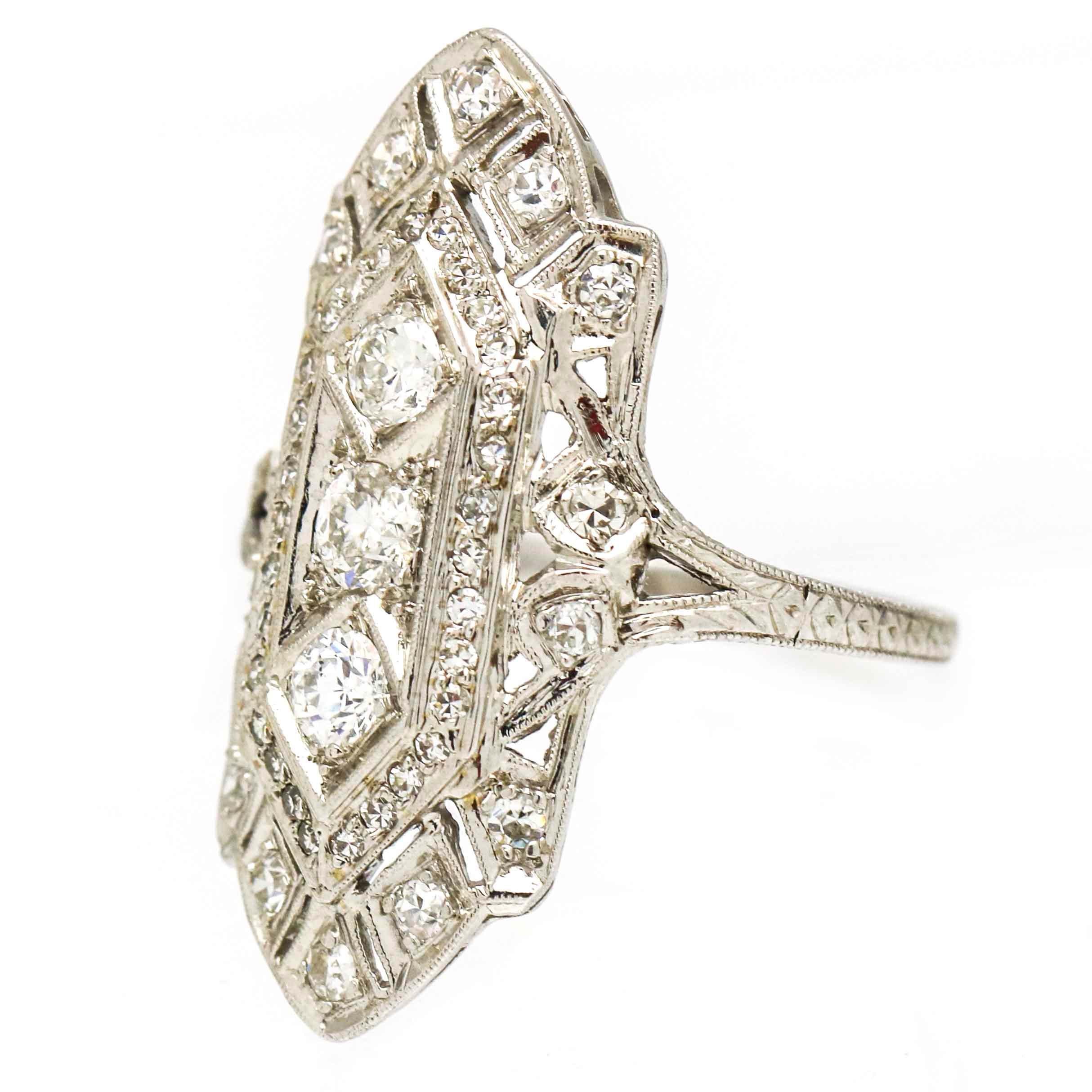Women's Art Deco Platinum Three-Stone Diamond Cocktail Ring For Sale