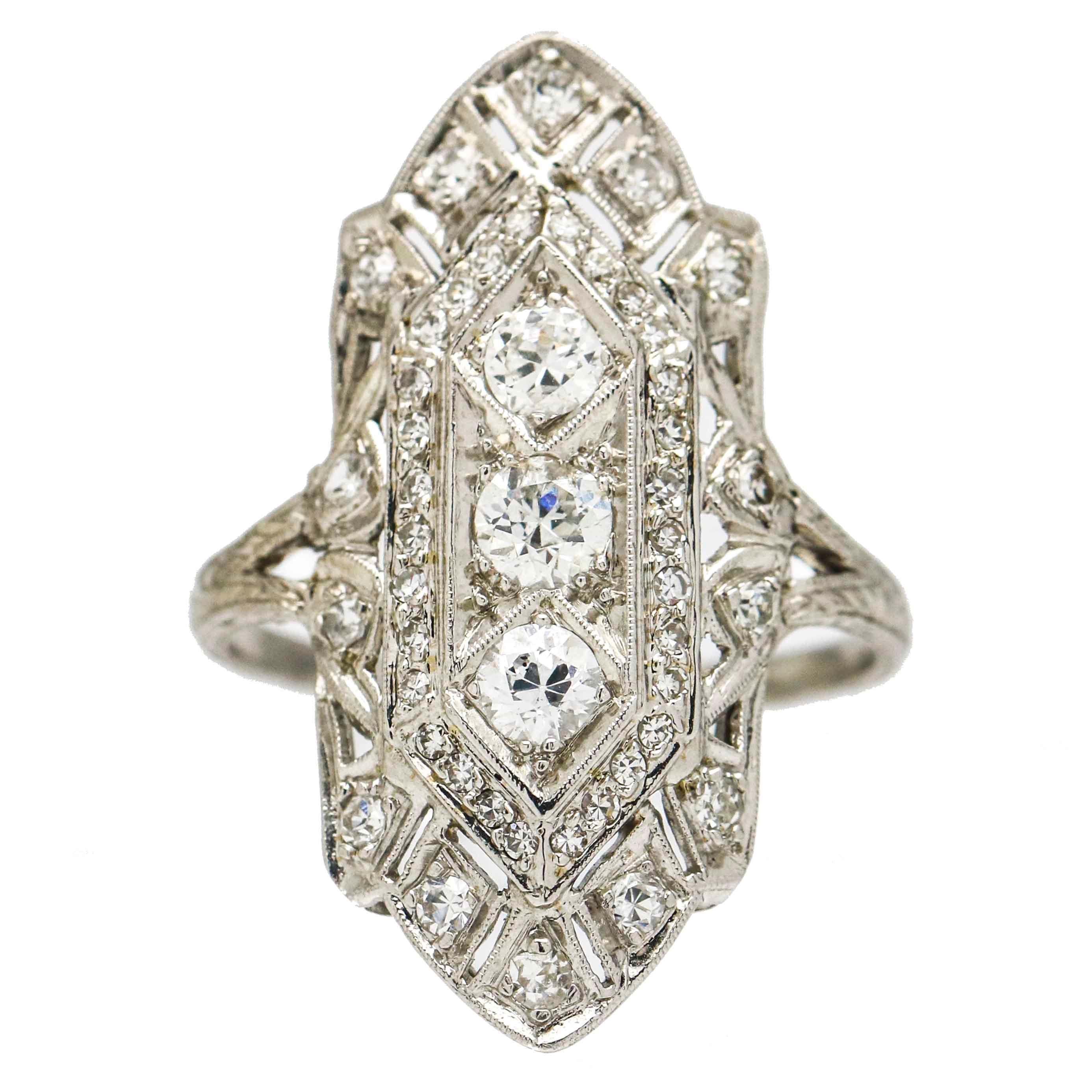Art Deco Platinum Three-Stone Diamond Cocktail Ring For Sale