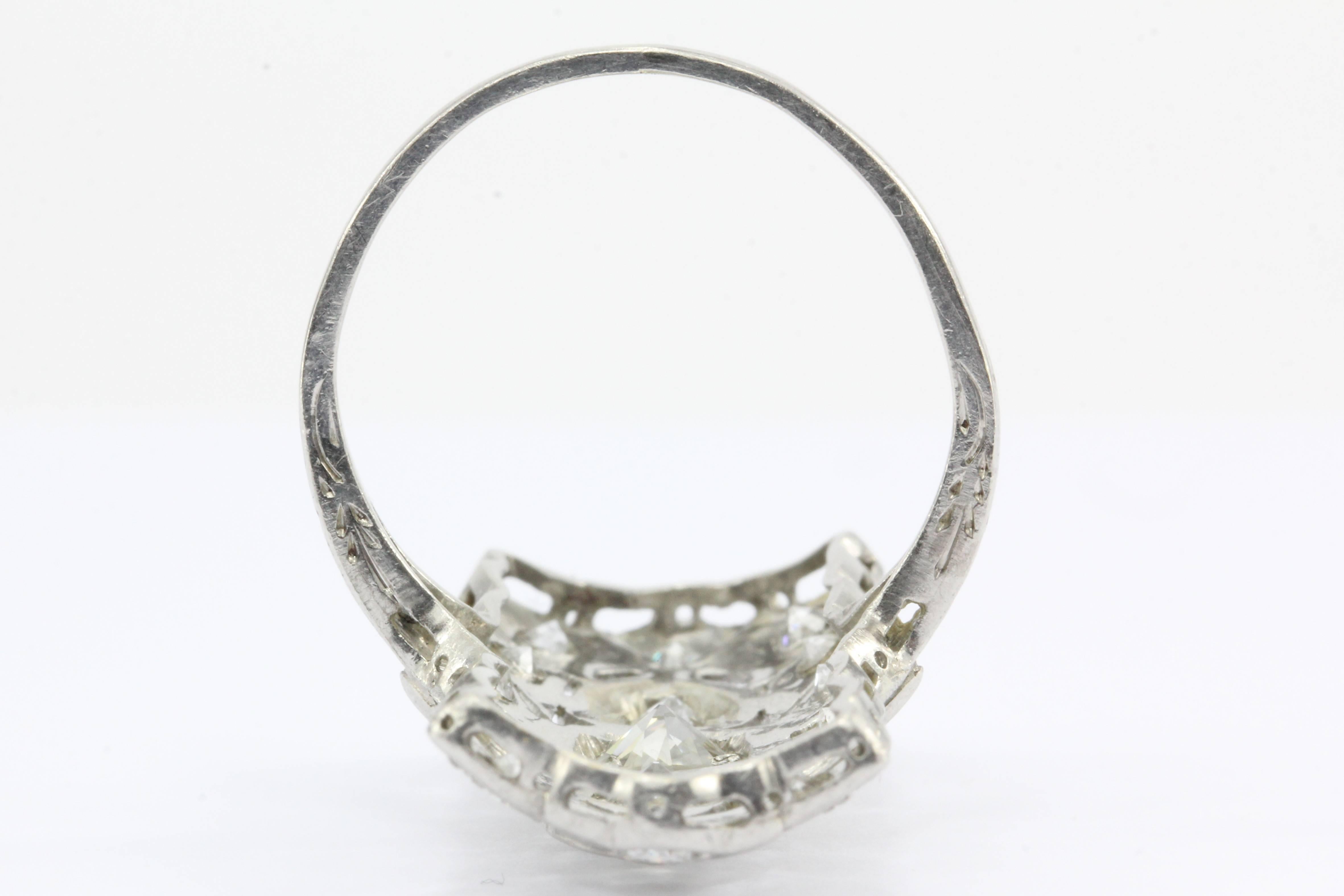 Women's Art Deco Platinum Three-Stone Old European Diamond Shield Ring