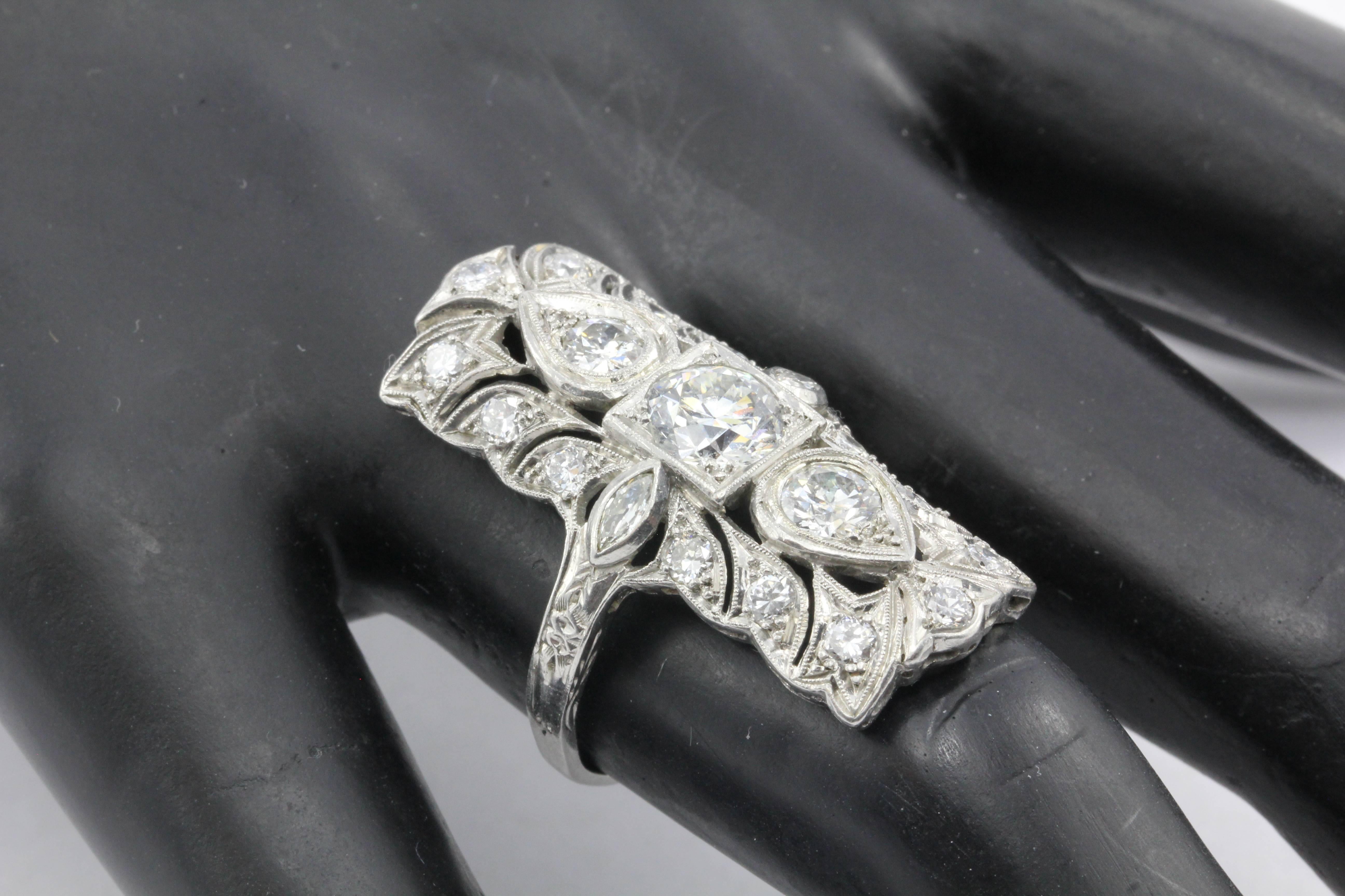 Art Deco Platinum Three-Stone Old European Diamond Shield Ring 3