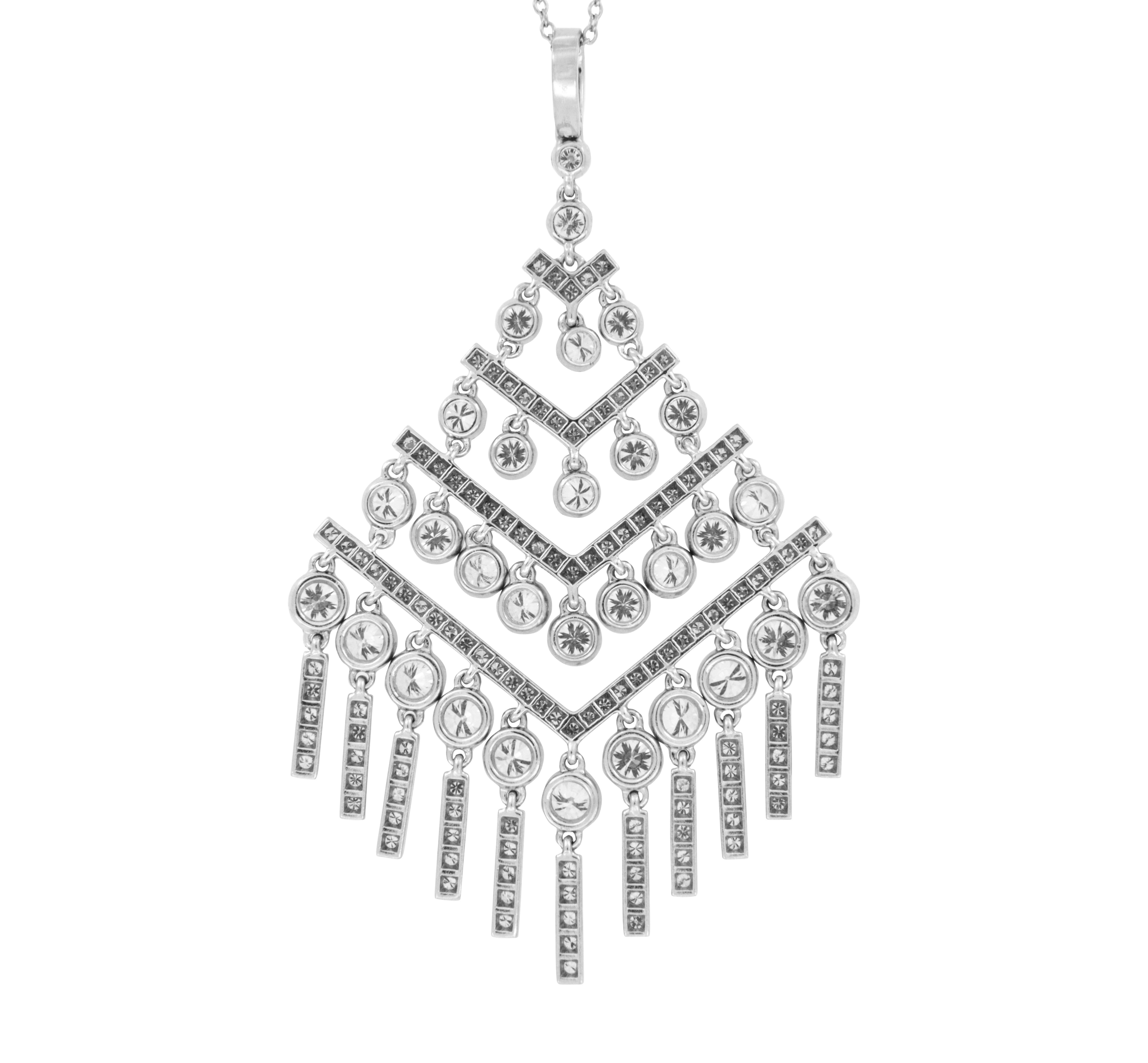 An authentic & elegant Tiffany & Co. necklace from the Jazz Collection crafted in platinum in the roaring 20's style! 162 round brilliant cut diamonds (3.69 Cttw est.) of exceptional quality ( D-F color, VVS clarity) are pave' & bezel set while