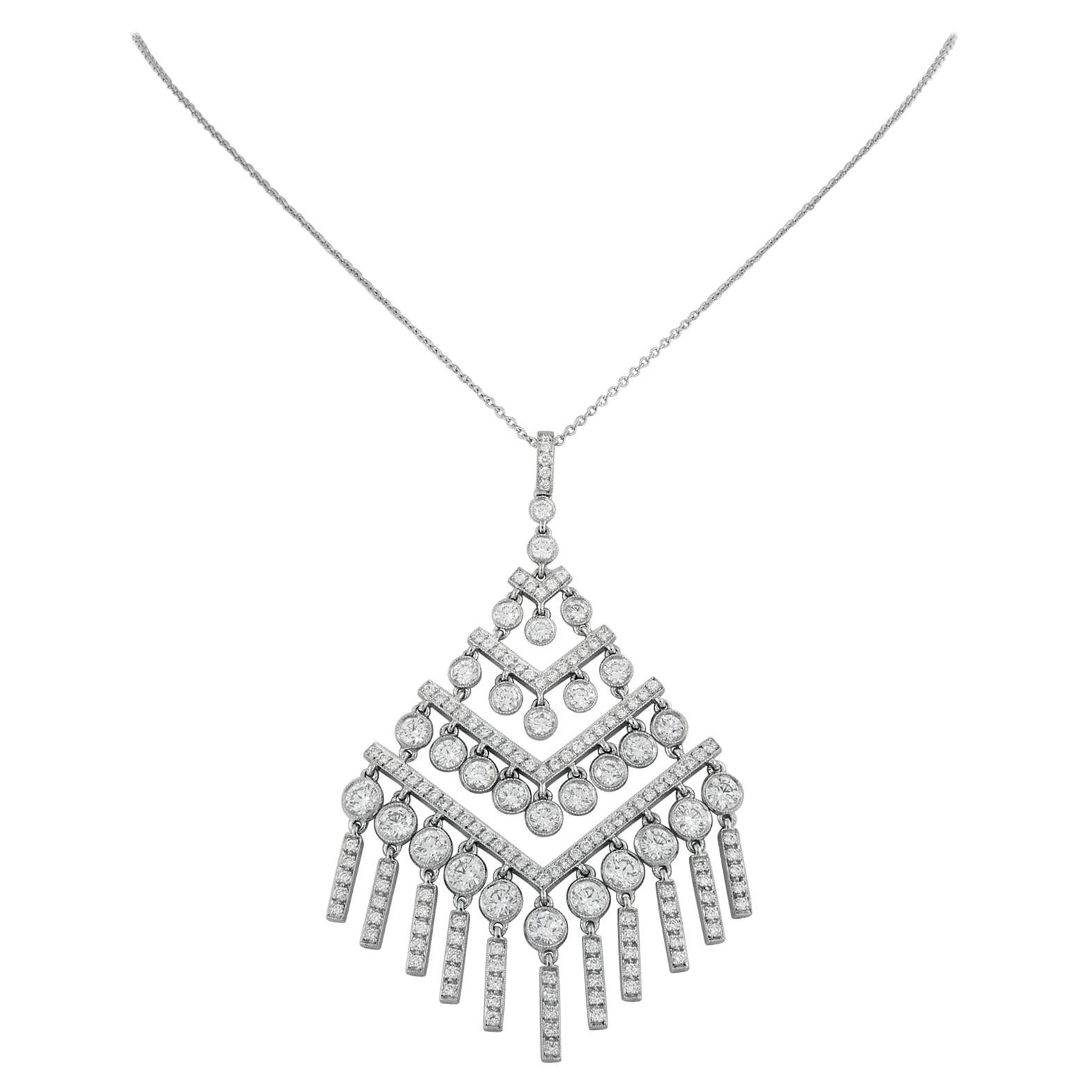 Art Deco Style Platinum Tiffany & Co. 3.69 Cttw Diamond Drop Pendant Necklace