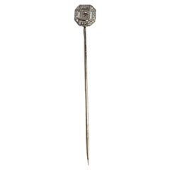 Spilla a bastone Art Deco in platino e oro bianco 14K con diamante Old Mine