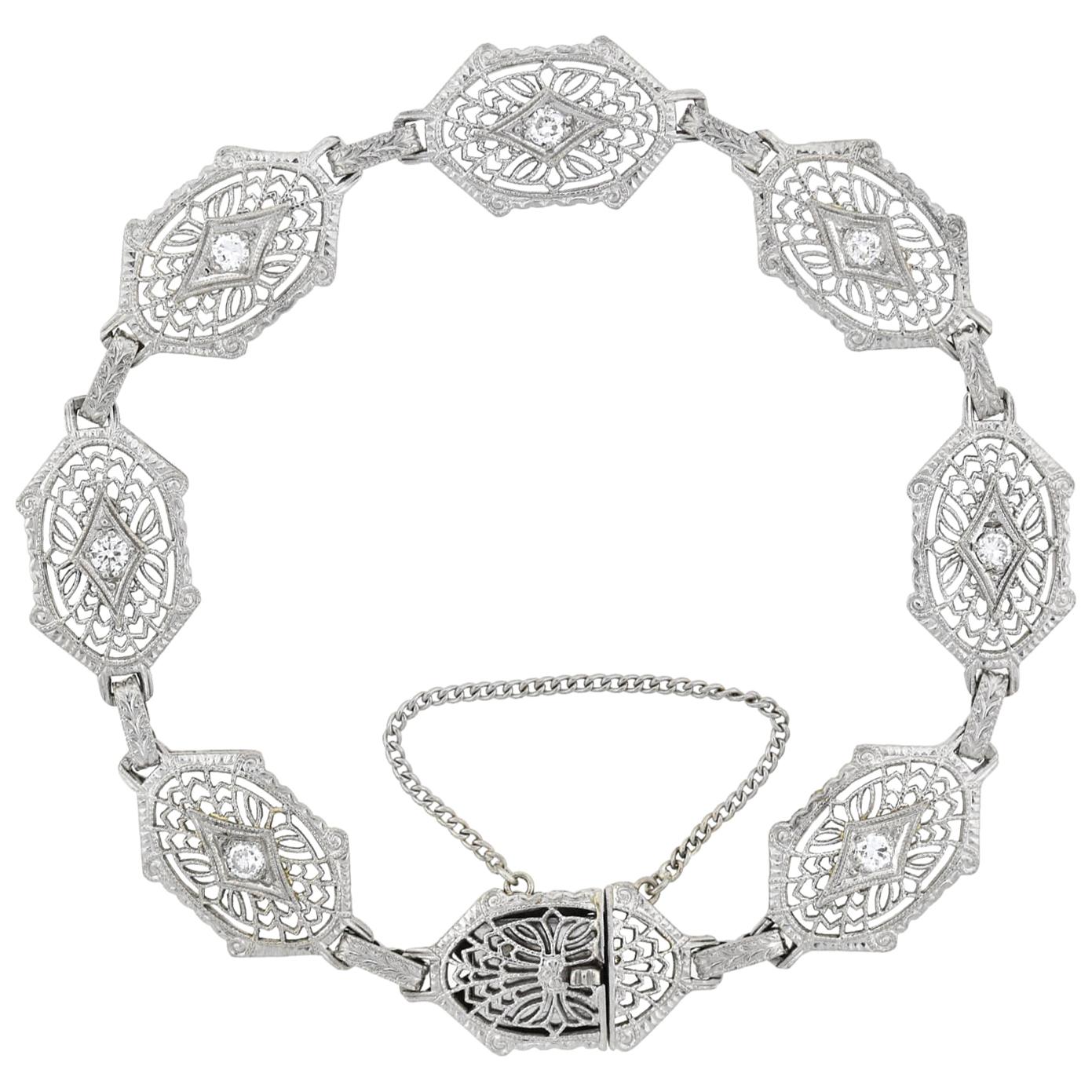 Art Deco Platinum-Topped 14 Karat Diamond Filigree Link Bracelet